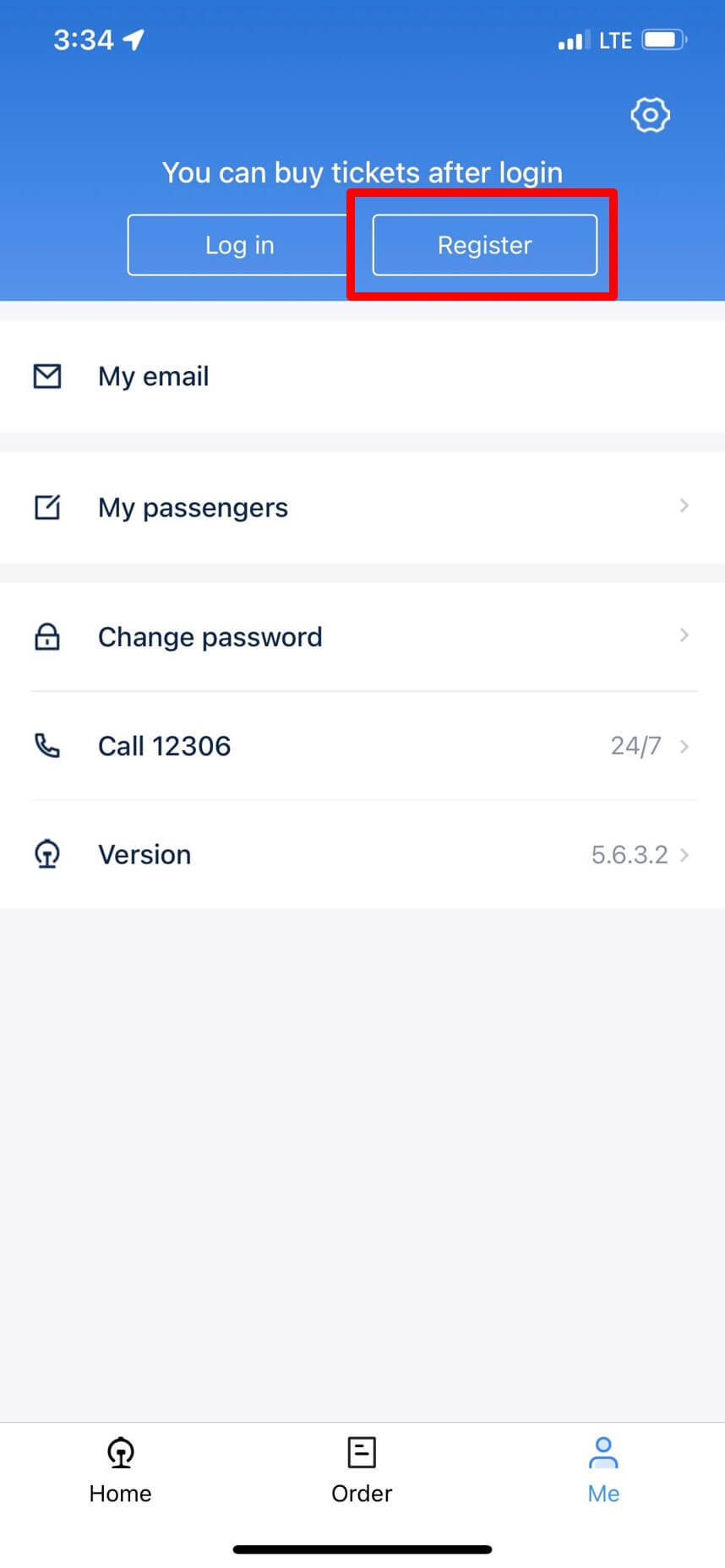 12306 App - Register button